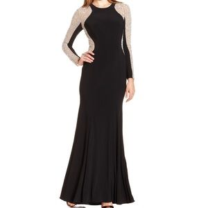 Xscape black nude rhinestone long sleeve dress